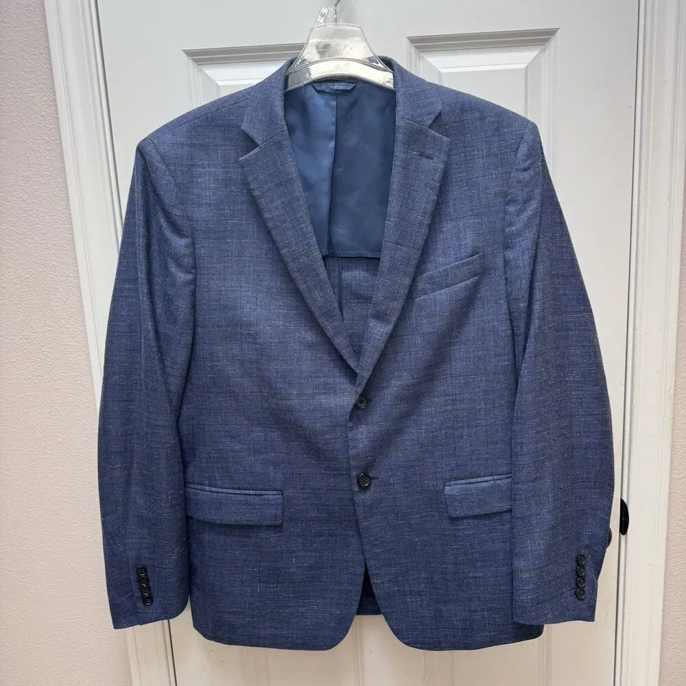 Lauren Ralph Lauren Men Suit Blazer Coat Jacket Sz 46 Wool/Linen/Silk Blue Plaid
